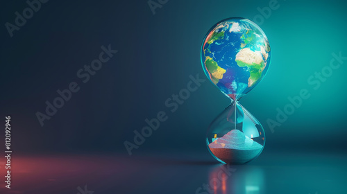 An hourglass with sand rapidly draining  with the Earth globe visibly shrinking inside