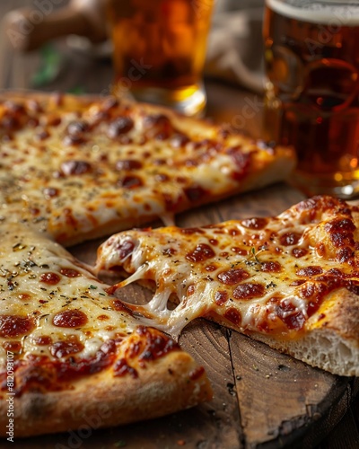 Detailed shot of pizza slice with melting cheese  beer glass background  natural light   ultra-resoulution
