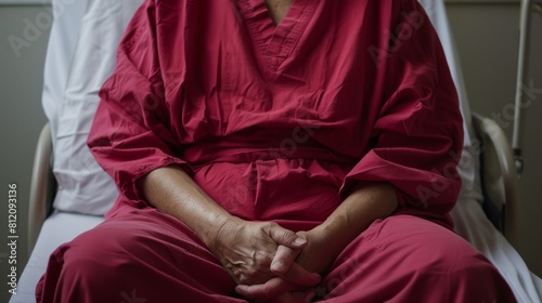 Torso of a patient in a crimson gown, focusing on the comfort and unique color of the hospital wear