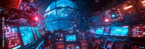 interstellar spaceship, filled with advanced technology, control panels and holographic maps, devices for space exploration and communications. photo