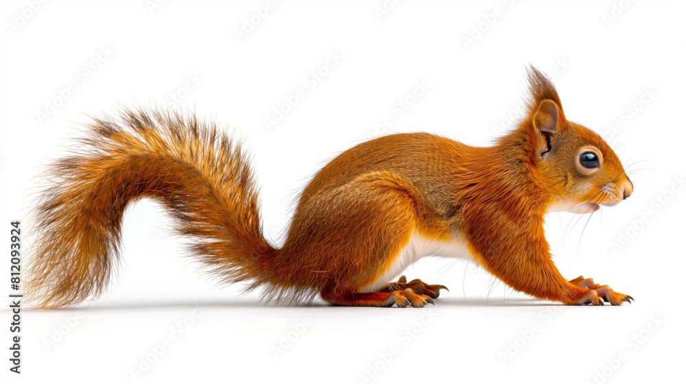 Side view of a red squirrel standing against a white background. Wildlife and rodent concept with copy space. Side view of a red squirrel standing against a white background. Wildlife and rodent concept with copy space.