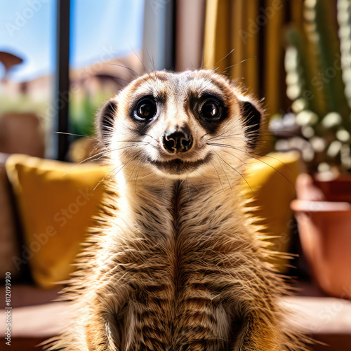 Funny animal. Meerkat, Suricata suricatta on the hotel reception. photo