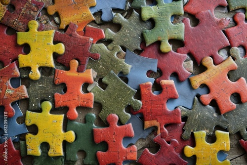 Close-up of scattered, interlocking jigsaw puzzle pieces in various colors