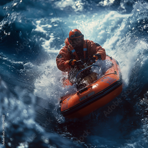 Orange life raft speeds through the rough sea.