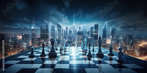 A chessboard sprawled across a sprawling cityscape
