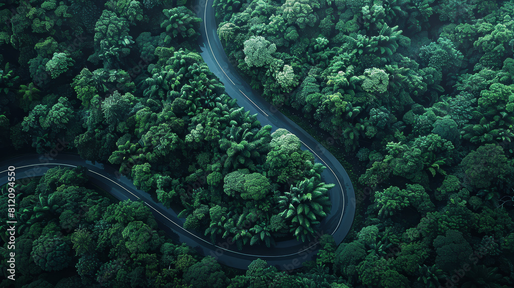 A winding road through a lush green forest A winding road through a lush green forest