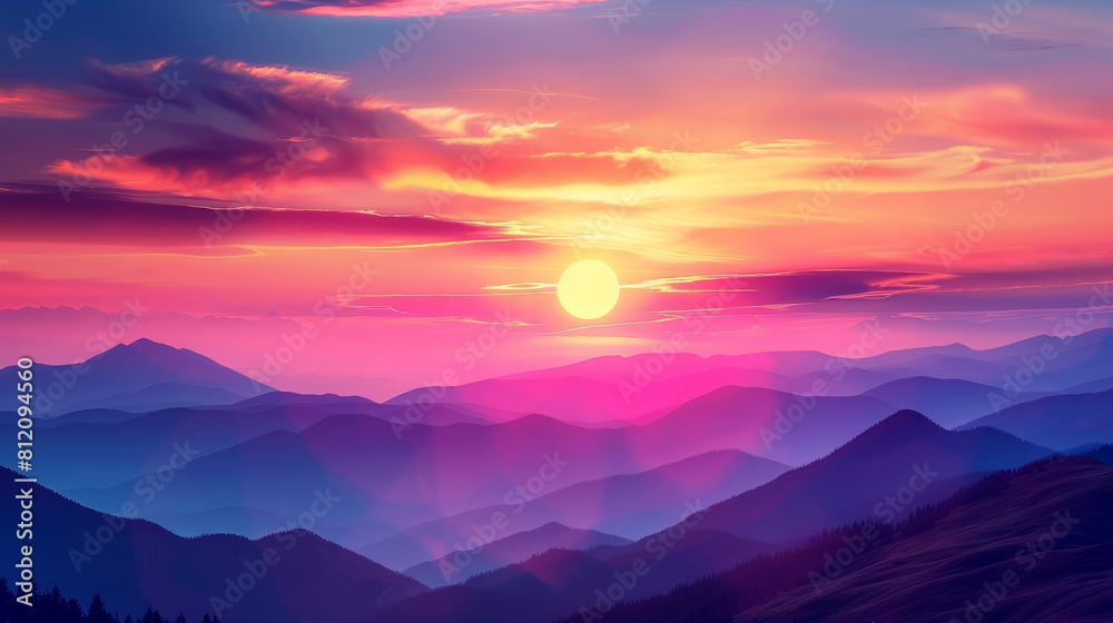 A beautiful mountain range with a sunset in the background