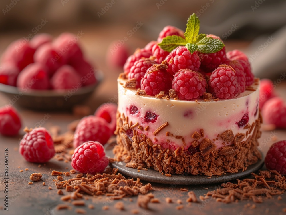 Vanilla and chocolate dessert with raspberry topping on top Vanilla and chocolate dessert with raspberry topping on top
