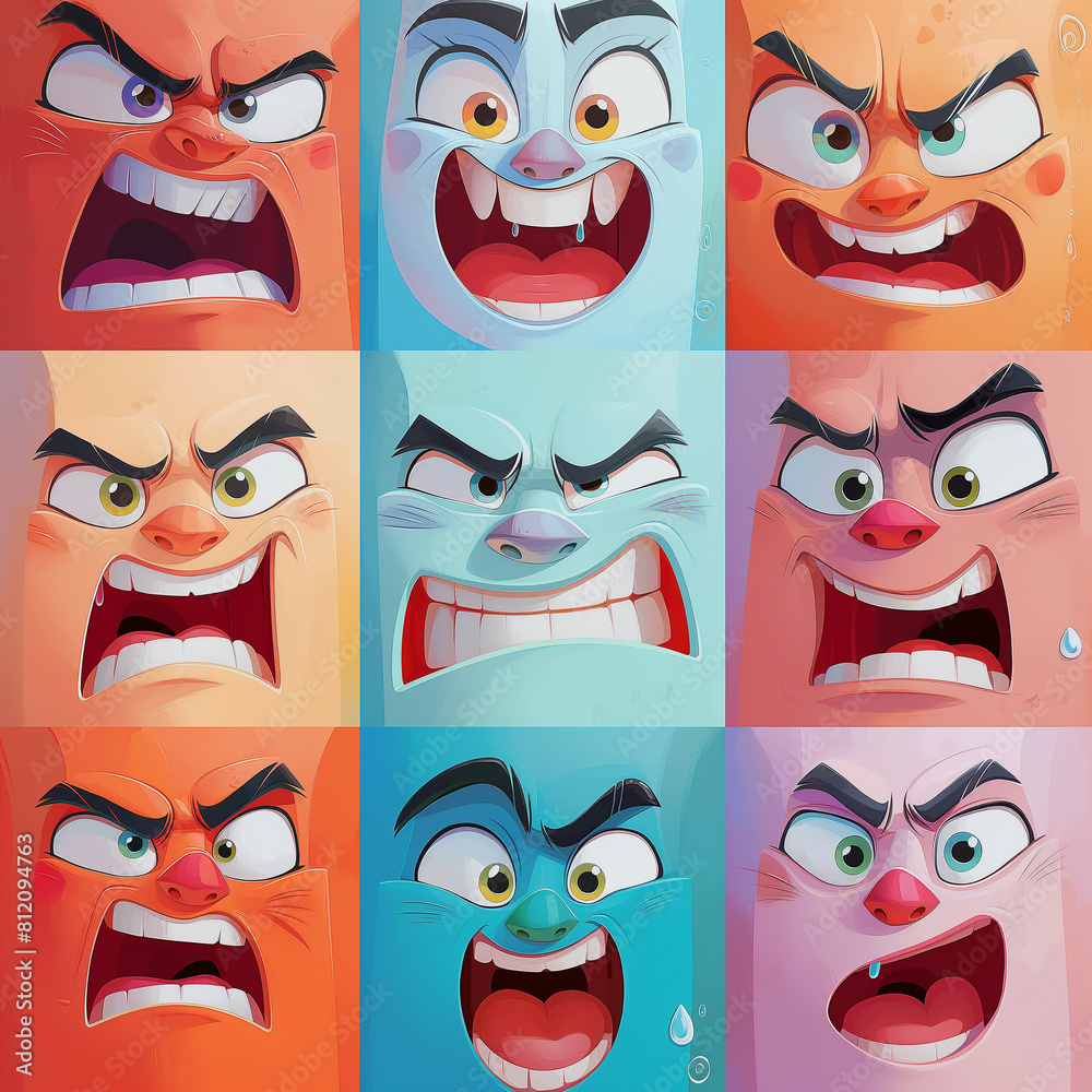 The image shows nine cartoon faces with different expressions The image shows nine cartoon faces with different expressions