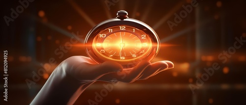 A futuristic interpretation of customer service  showcasing a hand holding a glowing clock to signify 24hour support and assistance