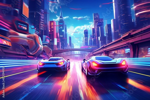 A futuristic set of hovercars racing through a neonlit cityscape, captured in 3D on a solid color background photo