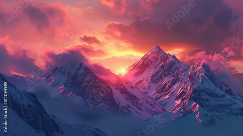 A beautiful sunset over a mountain range with a bright orange sun in the sky