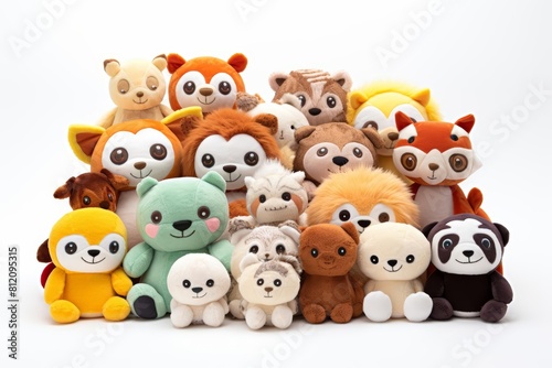 A kawaii collection of plush animal toys in a whimsical arrangement, model isolated on a white background