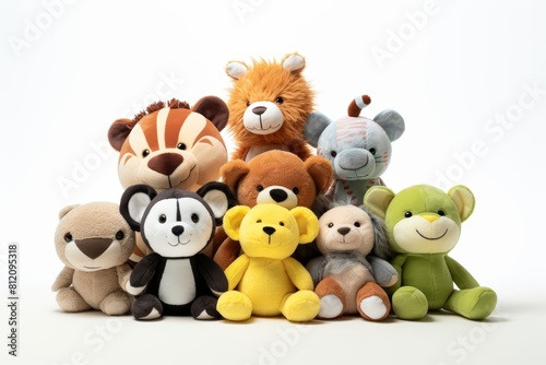 A kawaii collection of plush animal toys in a whimsical arrangement, model isolated on a white background