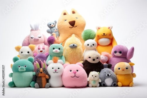 A kawaii collection of plush animal toys in a whimsical arrangement, model isolated on a white background