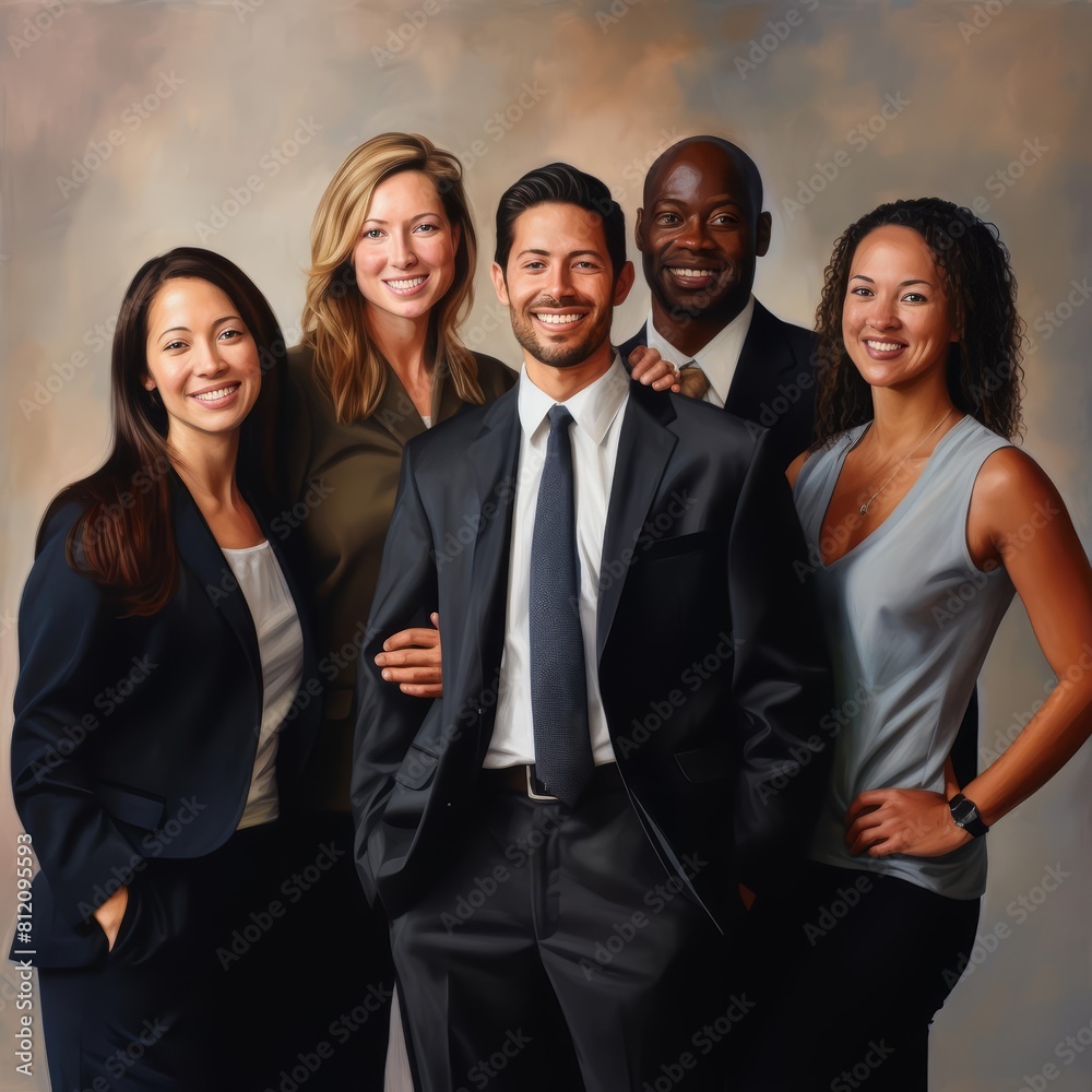 A portrait of a group of smiling, multiethnic business professionals, symbolizing teamwork and achievement in a corporate setting A portrait of a group of smiling, multiethnic business professionals, symbolizing teamwork and achievement in a corporate setting