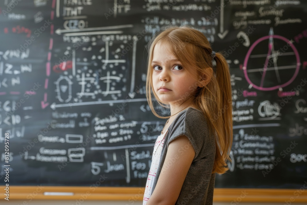 A cute little schoolgirl stands in a classroom, turning half a turn in front of a blackboard with formulas written in white chalk.