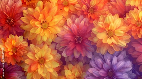 A watercolor backdrop bursts with the vibrancy of chrysanthemum blooms, their clusters of yellow, orange, red, and purple petals echoing the hues of autumn, infusing the scene with warmth and vitality