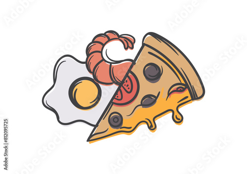 Fast food illustration. Junk food concept. Vector editable image of fried eggs, pizza and shrimp
