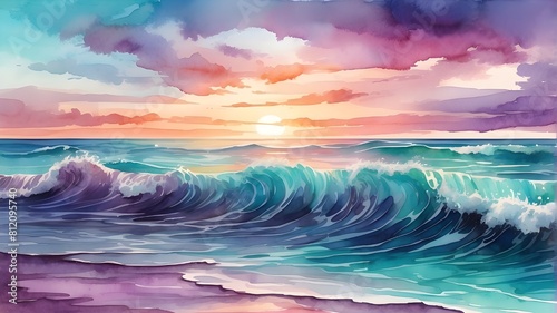 Ocean wave watercolor in blue  aqua  and teal at sunset. Seascape ocean waves with a romantic purple sky and banner graphic as the backdrop. Tropical beach getaway travel artwork