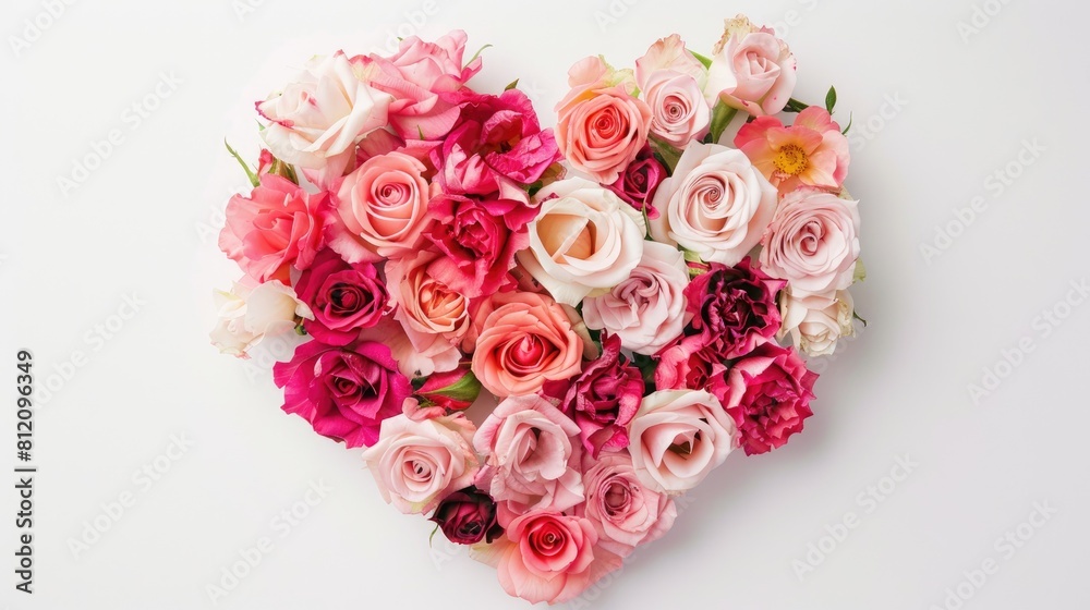 A heart made of delicate rose flowers atop a pristine white backdrop symbolizes the essence of love on Valentine s Day A heart made of delicate rose flowers atop a pristine white backdrop symbolizes the essence of love on Valentine s Day