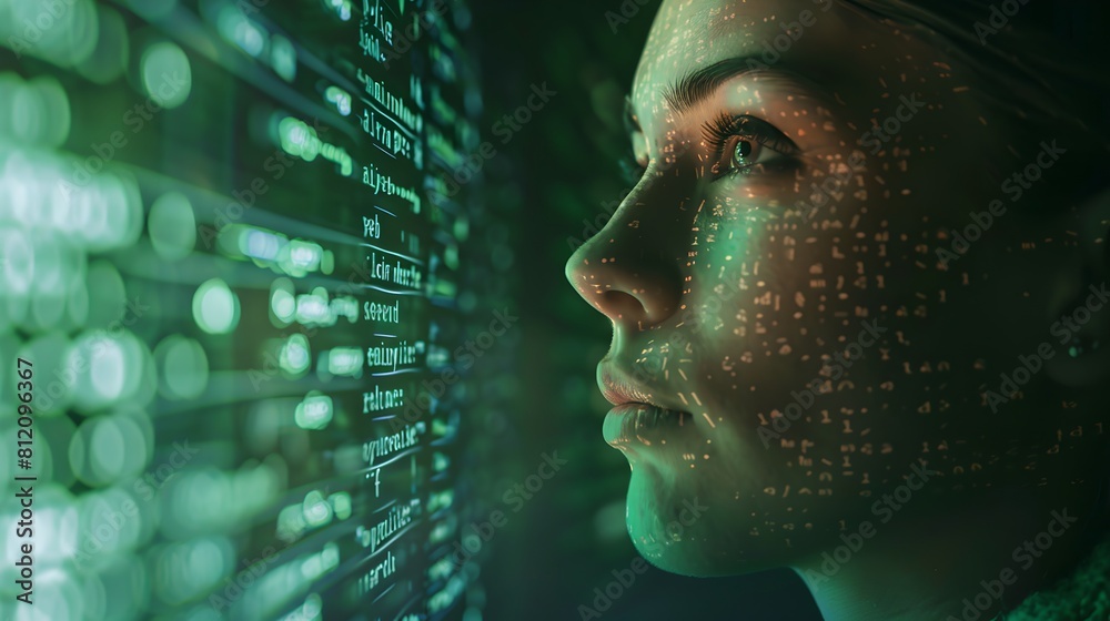 Young woman immersed in data visualization, glowing code reflects on face, digital era concept. Stock photo suitable for tech and AI themes. AI Young woman immersed in data visualization, glowing code reflects on face, digital era concept. Stock photo suitable for tech and AI themes. AI