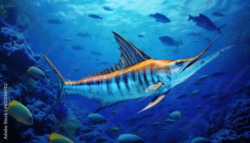 Giant Marlin fish in the ocean, beautiful view of marlin fish in the blue ocean Giant Marlin fish in the ocean, beautiful view of marlin fish in the blue ocean