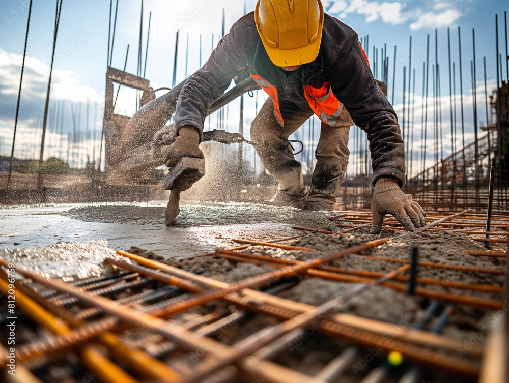 A construction worker is laying down concrete on a building site. The worker is wearing a yellow helmet and orange safety vest. Concept of hard work and dedication to the job