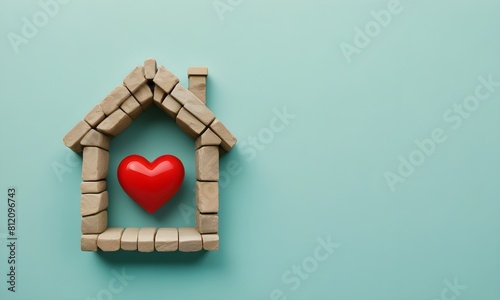 A stone house-shaped frame with a blue heart inside, on a green background