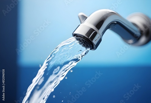 A close-up view of a faucet with running water against a blurred blue background  creating a sense of freshness and cleanliness