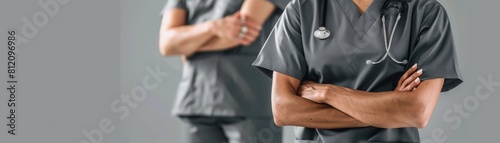 Medical staffs torso in charcoal gray scrubs, presented without any distractions, ideal for healthcare training materials © kitidach
