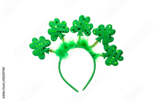St. Patrick's Day Green Shamrock Headband made of green glitter Cut Out on White. photo