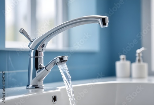 A faucet with a steady stream of water against a blurred blue background  creating a sense of freshness and cleanliness