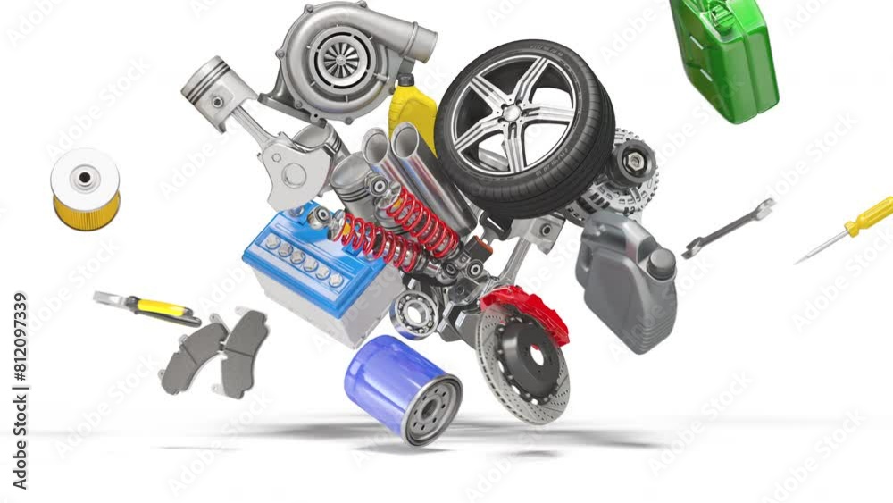 Auto parts and car spare in a form of heart isolated on white. 3d animation Auto parts and car spare in a form of heart isolated on white. 3d animation