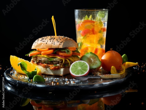 Breakfast sandwiches and fresh juices explode in a dynamic display on a black background photo