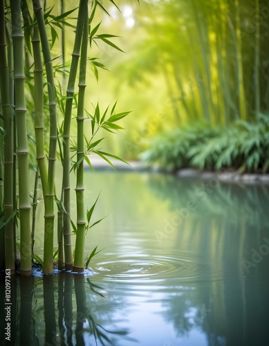 Green bamboo stalks with leaves reflected in a calm pond   surrounded by a blurred natural background