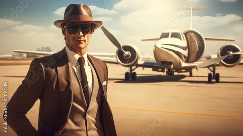 Businessman in aviator leather hat showcasing new business venture on plane runway