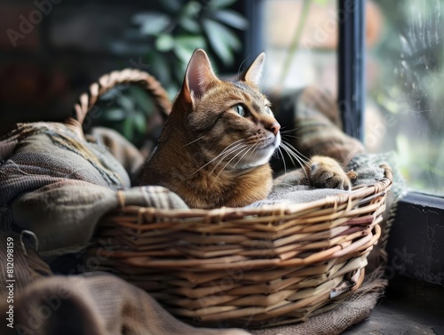 A cat sitting in a basket, looking adorable