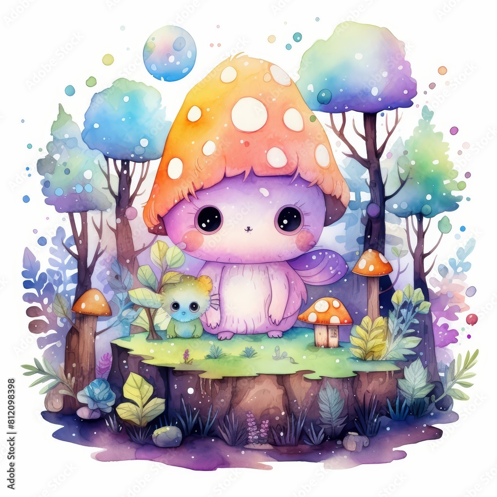 Fototapeta premium Creative watercolor of a mystical enchanted forest, alive with twinkling lights and mythical creatures, in kawaii styles, clipart kawaii watercolor on white background