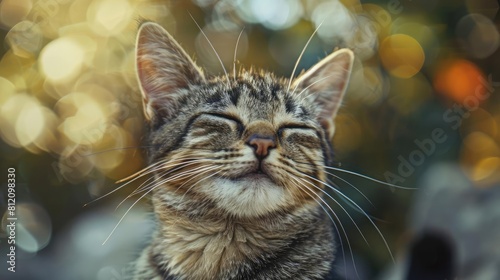 A cat with a happy, content expression, looking like its smiling