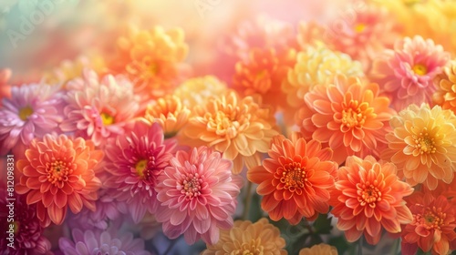Against the watercolor canvas, chrysanthemums dazzle with their vibrant hues, representing longevity and happiness, their majestic presence imbuing the scene with an uplifting energy of joy.