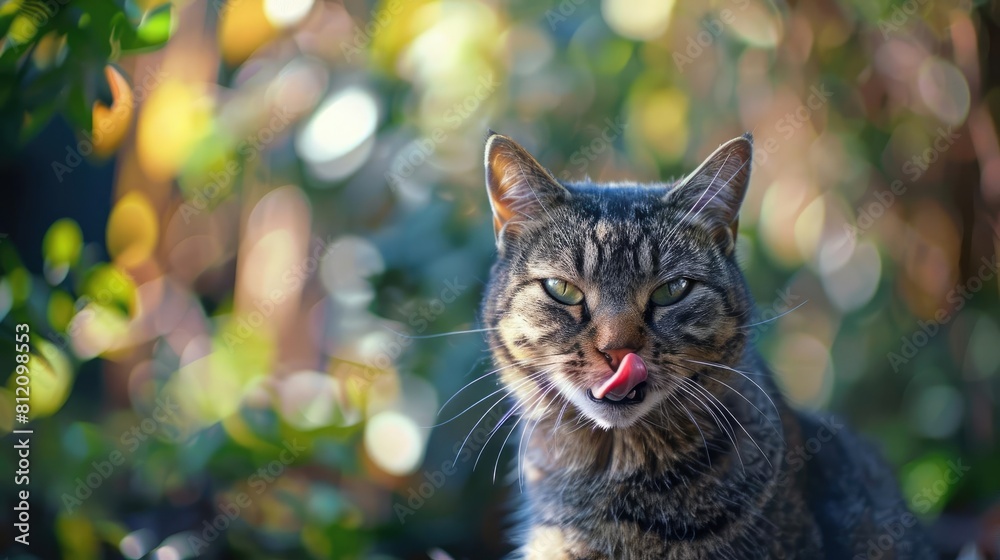 A cat with its tongue sticking out in a silly expression