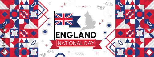 England national day banner with map, flag colors theme background and geometric abstract retro modern Red and blue color design. abstract modern design.