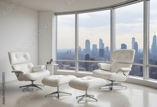 A leather lounge chair and ottoman in a modern  minimalist interior with a large window overlooking a city skyline
