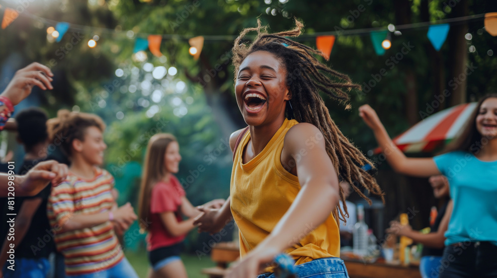 Teenagers playing music and dancing together at a backyard barbecue, their energy and enthusiasm evident in their lively movements. Dynamic and dramatic composition, with copy spac