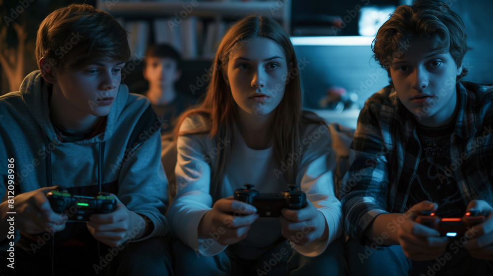 Teenagers gathered around a gaming console, engrossed in a multiplayer video game tournament as they compete for bragging rights. Dynamic and dramatic composition, with copy space Teenagers gathered around a gaming console, engrossed in a multiplayer video game tournament as they compete for bragging rights. Dynamic and dramatic composition, with copy space