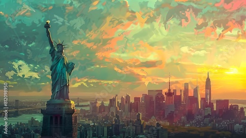 Colorful sunset over New York City skyline with Statue of Liberty. Vibrant urban landscape. Travel photography ideal for posters. AI