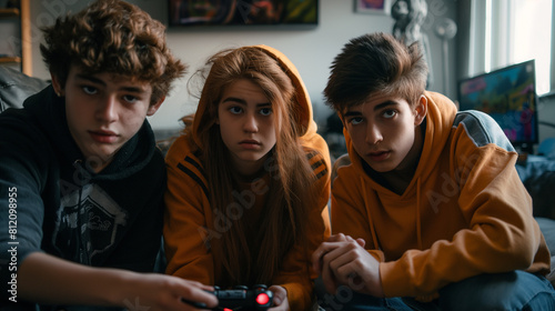 Teenagers gathered around a gaming console, engrossed in a multiplayer video game tournament as they compete for bragging rights. Dynamic and dramatic composition, with copy space photo