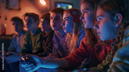Teenagers gathered around a gaming console, engrossed in a multiplayer video game tournament as they compete for bragging rights. Dynamic and dramatic composition, with copy space