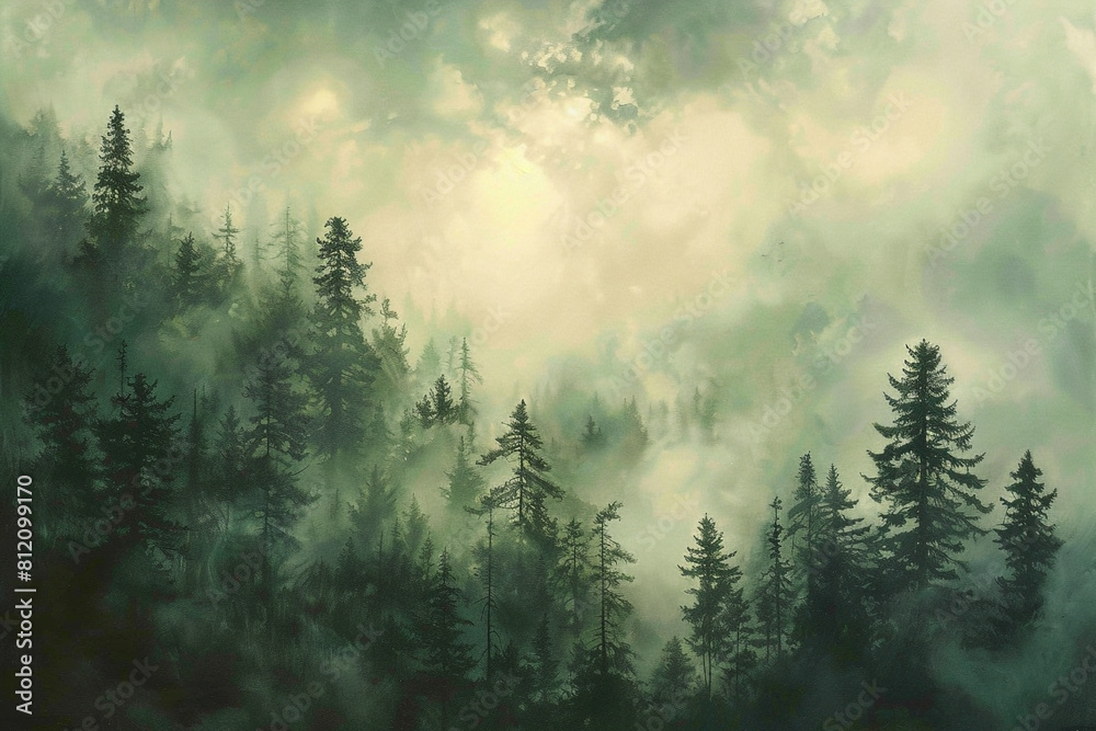 Artwork of a dense foggy forest 